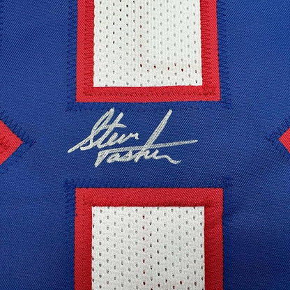 Framed Autographed/Signed Steve Tasker 35x39 Buffalo White Football Jersey JSA COA