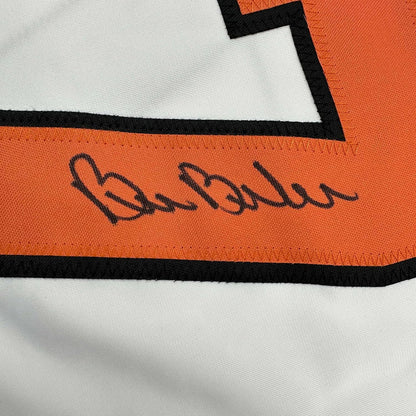 Framed Autographed/Signed Bill Barber 35x39 Philadelphia White Hockey Jersey Beckett BAS COA