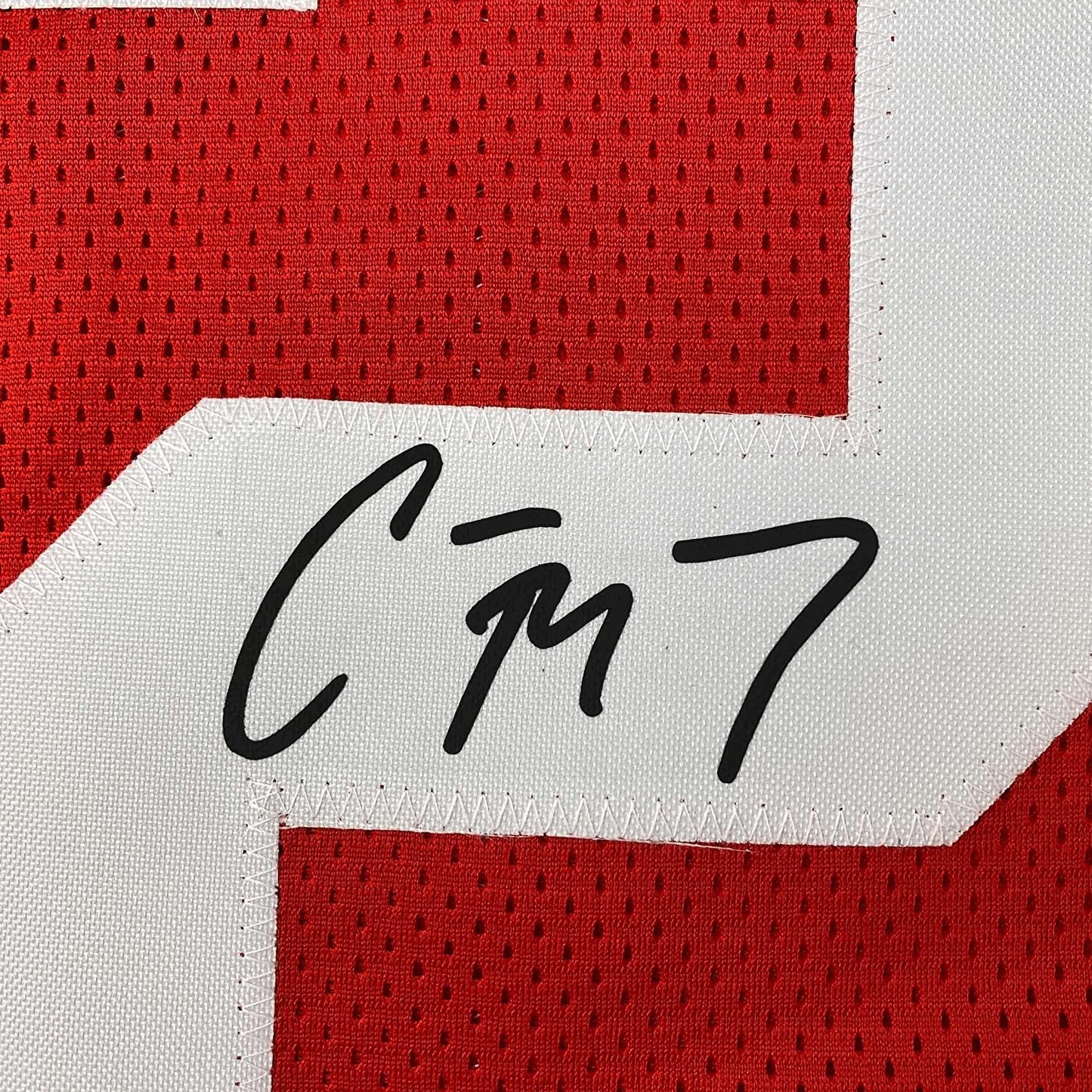 Framed Facsimile Autographed Christian McCaffrey 35x39 San Francisco Red Reprint Laser Auto Football Jersey