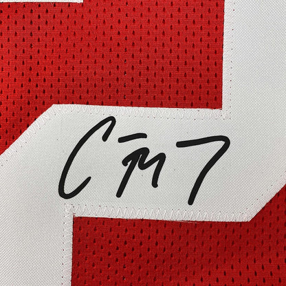 Framed Facsimile Autographed Christian McCaffrey 35x39 San Francisco Red Reprint Laser Auto Football Jersey