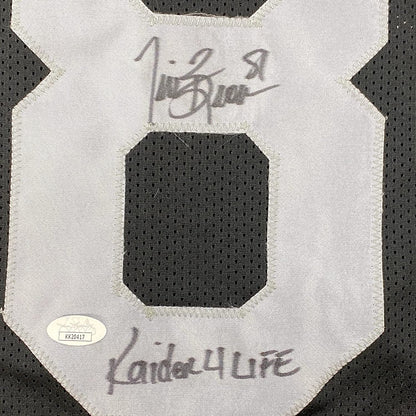 Framed Autographed/Signed Tim Brown 35x39 Raider 4 Life Oakland Black Football Jersey JSA COA