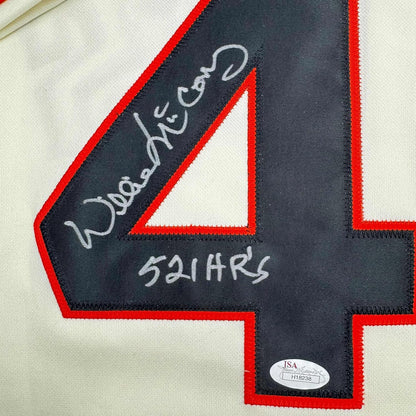 Framed Autographed/Signed Willie McCovey 35x39 "521 HR's" San Francisco Cream Baseball Jersey JSA COA