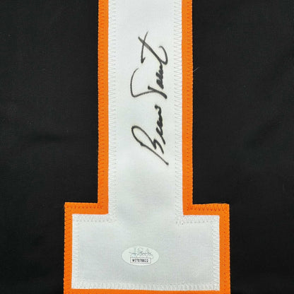 Framed Autographed/Signed Bernie Parent 35x39 Philadelphia Black Hockey Jersey JSA COA