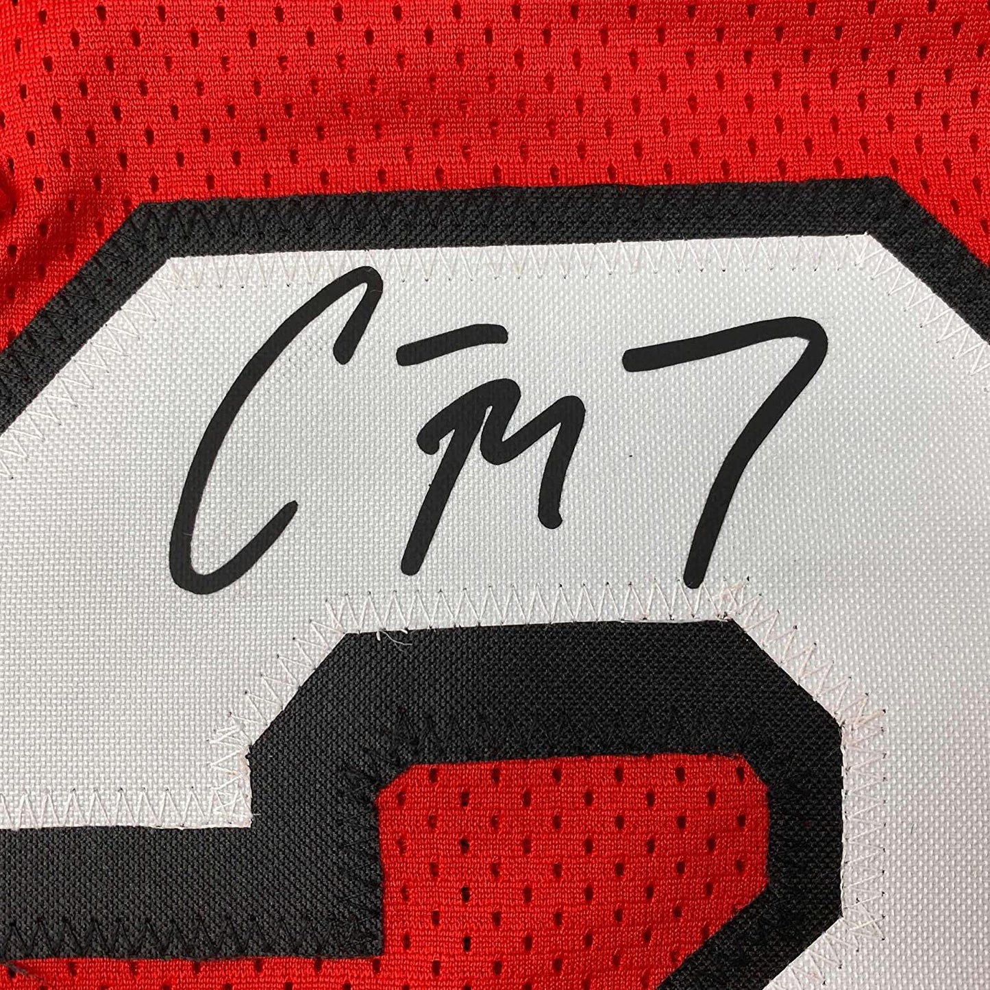 Framed Facsimile Autographed Christian McCaffrey 35x39 San Francisco Red Alternate Reprint Laser Auto Football Jersey