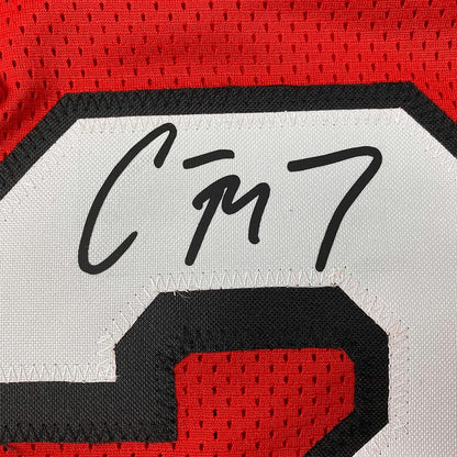 Framed Facsimile Autographed Christian McCaffrey 35x39 San Francisco Red Alternate Reprint Laser Auto Football Jersey
