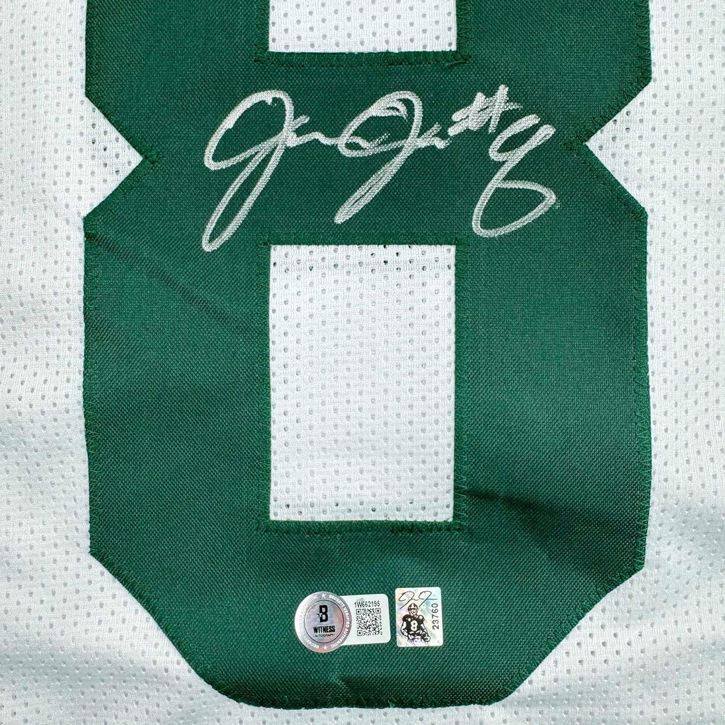 Framed Autographed/Signed Josh Jacobs 35x39 Green Bay White Football Jersey Beckett BAS COA