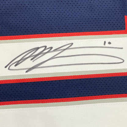 Framed Autographed/Signed Mac Jones 35x39 New England Blue Football Jersey Beckett BAS COA