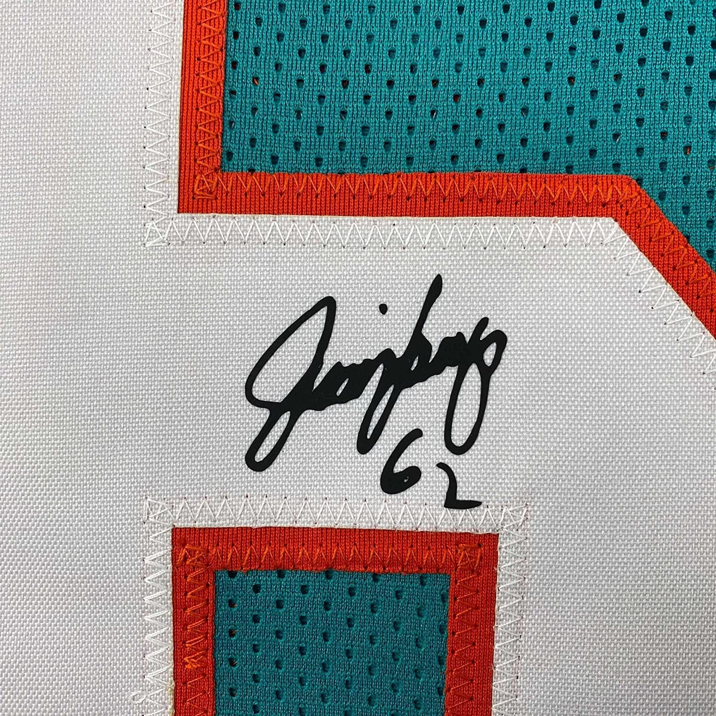 Framed Facsimile Autographed Jim Langer 35x39 Miami Teal Reprint Laser Auto Football Jersey
