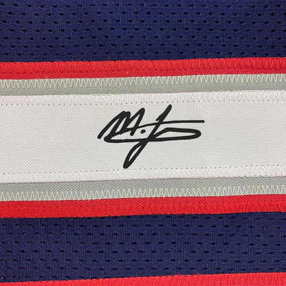 Framed Facsimile Autographed Mac Jones 35x39 New England Blue Reprint Laser Auto Football Jersey