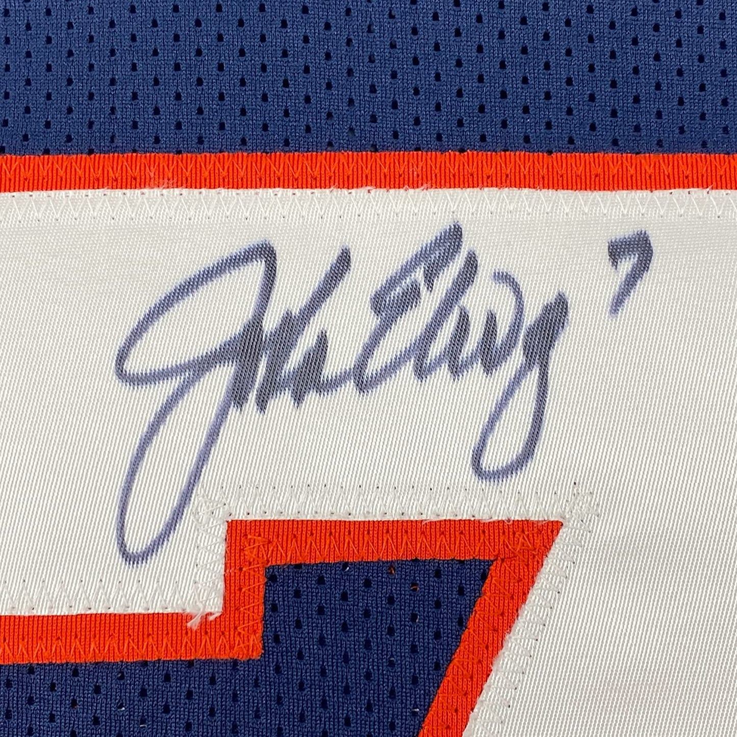 Framed Autographed/Signed John Elway 35x39 Denver Blue Football Jersey JSA COA