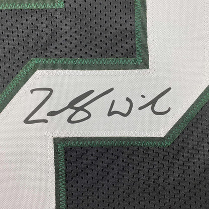 Framed Facsimile Autographed Zach Wilson 35x39 New York Black Reprint Laser Auto Football Jersey