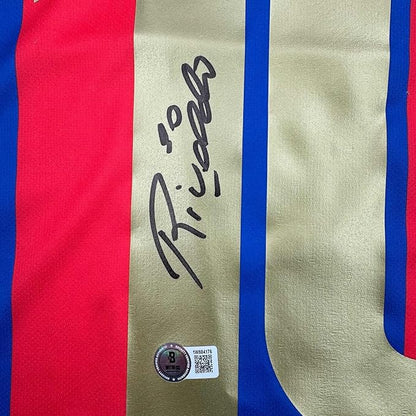 Framed Autographed/Signed Rivaldo 35x39 Ferreira FC Barcelona Blue Soccer Jersey Beckett BAS COA