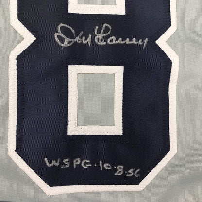 Framed Autographed/Signed Don Larsen Inscribed 33x42 New York Grey Baseball Jersey Beckett BAS COA
