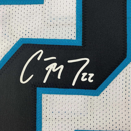 Framed Facsimile Autographed Christian McCaffrey 35x39 Carolina White Reprint Laser Auto Football Jersey