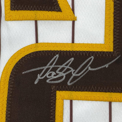 Framed Autographed/Signed Fernando Tatis Jr. 35x39 Slam Diego San Pinstripe Baseball Jersey JSA COA