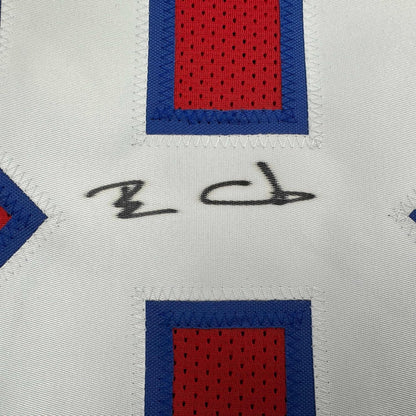 Framed Autographed/Signed Ben Coates 35x39 New England Red Football Jersey JSA COA