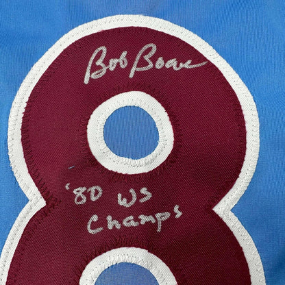 Framed Autographed/Signed Bob Boone 35x39 80 WS Champs Philadelphia Retro Blue Baseball Jersey JSA COA