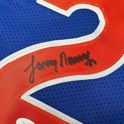 Framed Autographed/Signed Larry Nance 35x39 Cleveland Blue Basketball Jersey JSA COA