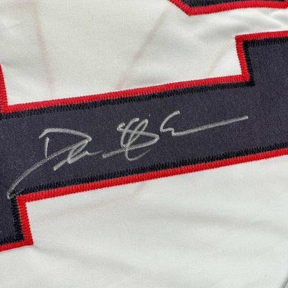 Framed Autographed/Signed Deion Sanders 35x39 Atlanta White Football Jersey Beckett BAS COA