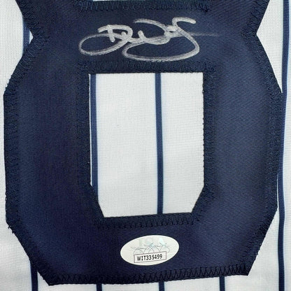 Framed Autographed/Signed Devin Williams 35x39 New York Pinstripe Baseball Jersey JSA COA