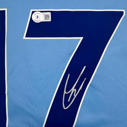 Framed Autographed/Signed Kevin De Bruyne 35x39 Manchester City Blue Soccer Futbol Jersey Beckett BAS COA