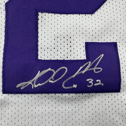 Framed Autographed/Signed Karl Malone 35x39 Utah White Retro Basketball Jersey JSA COA