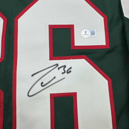 Framed Autographed/Signed Mats Zuccarello 35x39 Minnesota Green Hockey Jersey Beckett BAS COA