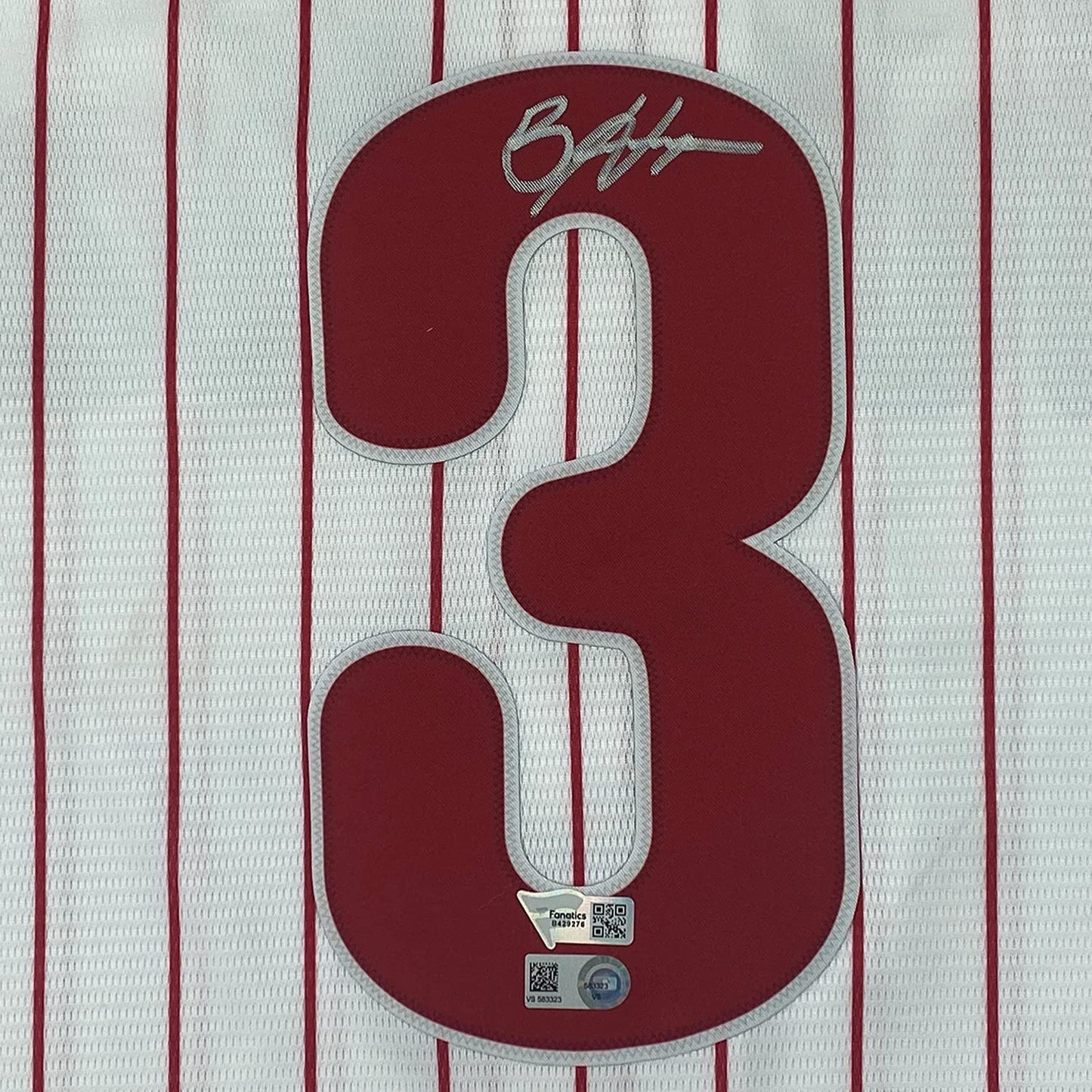 Framed Autographed/Signed Bryce Harper 35x39 Philadelphia Phillies Pinstripe Replica Baseball Jersey Fanatics & MLB COA