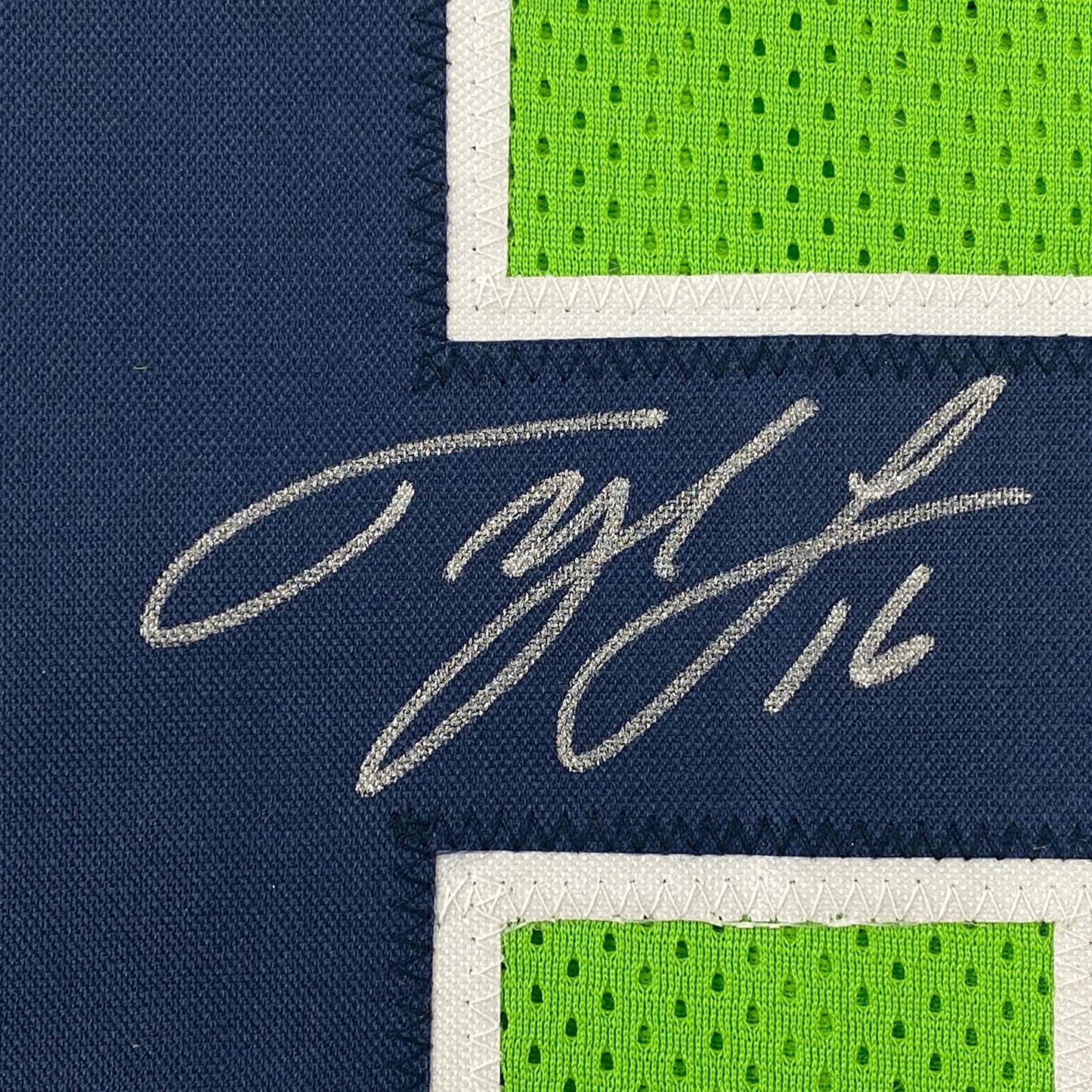 Framed Autographed/Signed Tyler Lockett 35x39 Seattle Green Color Rush Football Jersey JSA COA