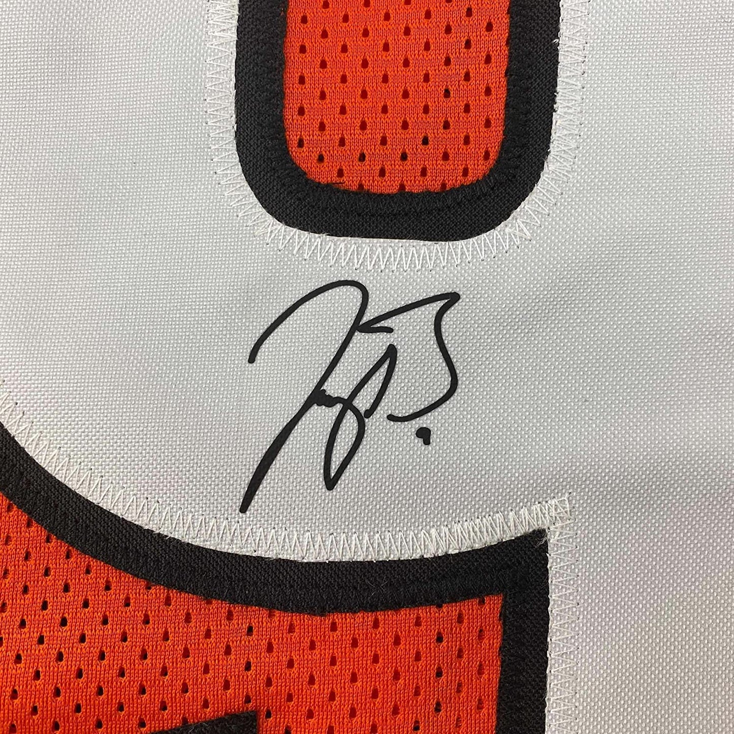 Framed Facsimile Autographed Joe Burrow 35x39 Cincinnati Orange Reprint Laser Auto Football Jersey Size Men's XL