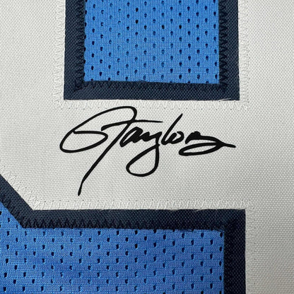 Framed Facsimile Autographed Lawrence Taylor 35x39 UNC North Carolina Blue Reprint Laser Auto College Football Jersey