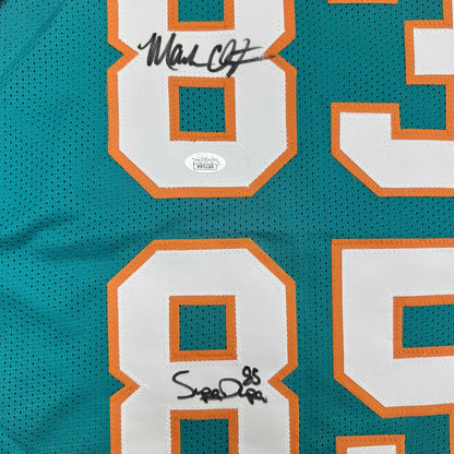 Framed Autographed/Signed Marks Brothers Mark Clayton & Mark Duper 35x39 Miami Teal Football Jersey JSA COA