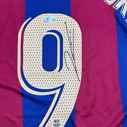 Framed Autographed/Signed Robert Lewandowski 35x39 FC Barcelona Blue Soccer Jersey Beckett BAS COA