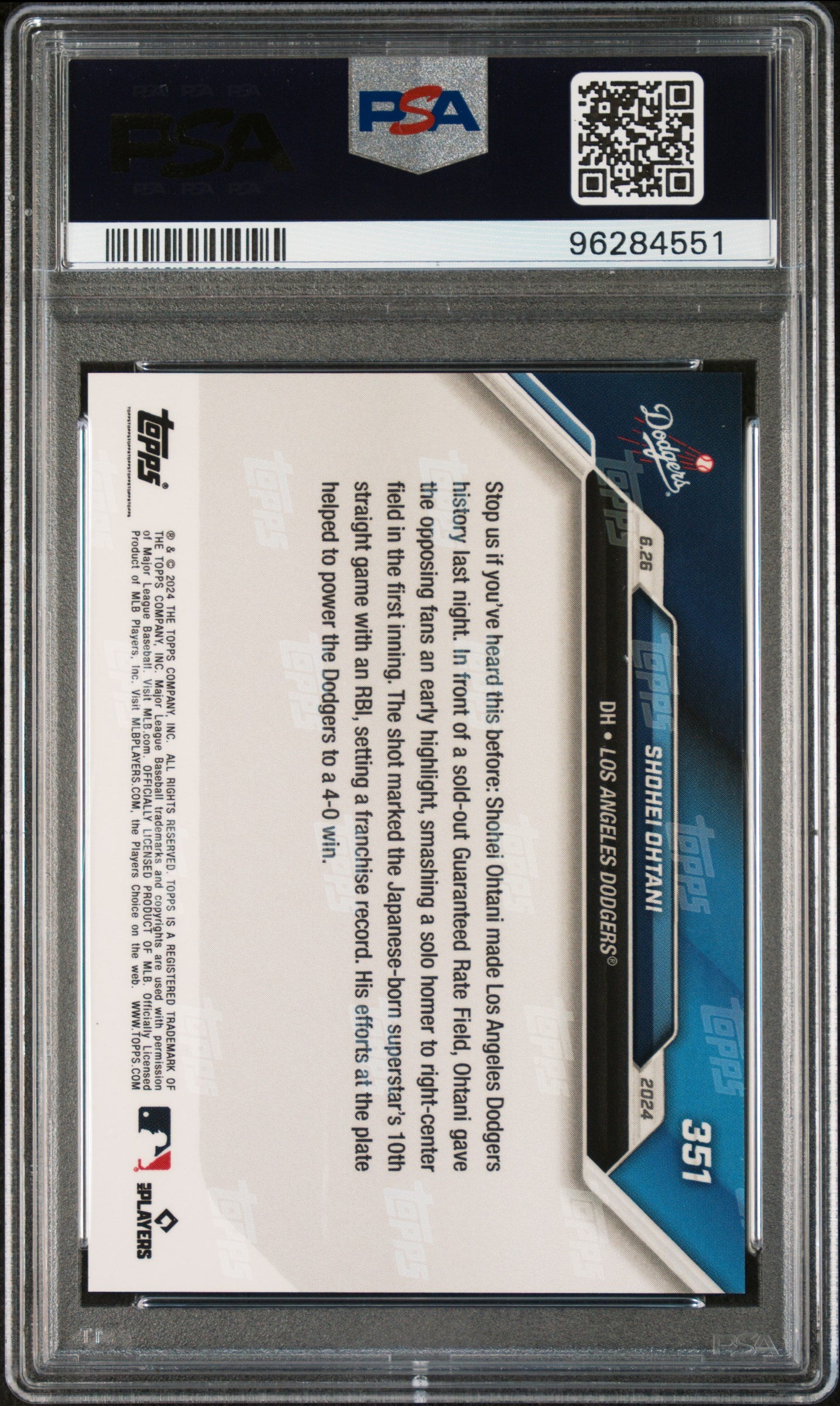 Graded 2024 Topps Now Shohei Ohtani #351 Sets Club Record For Most Consecutive Games with an RBI Baseball Card PSA 10 Gem Mint