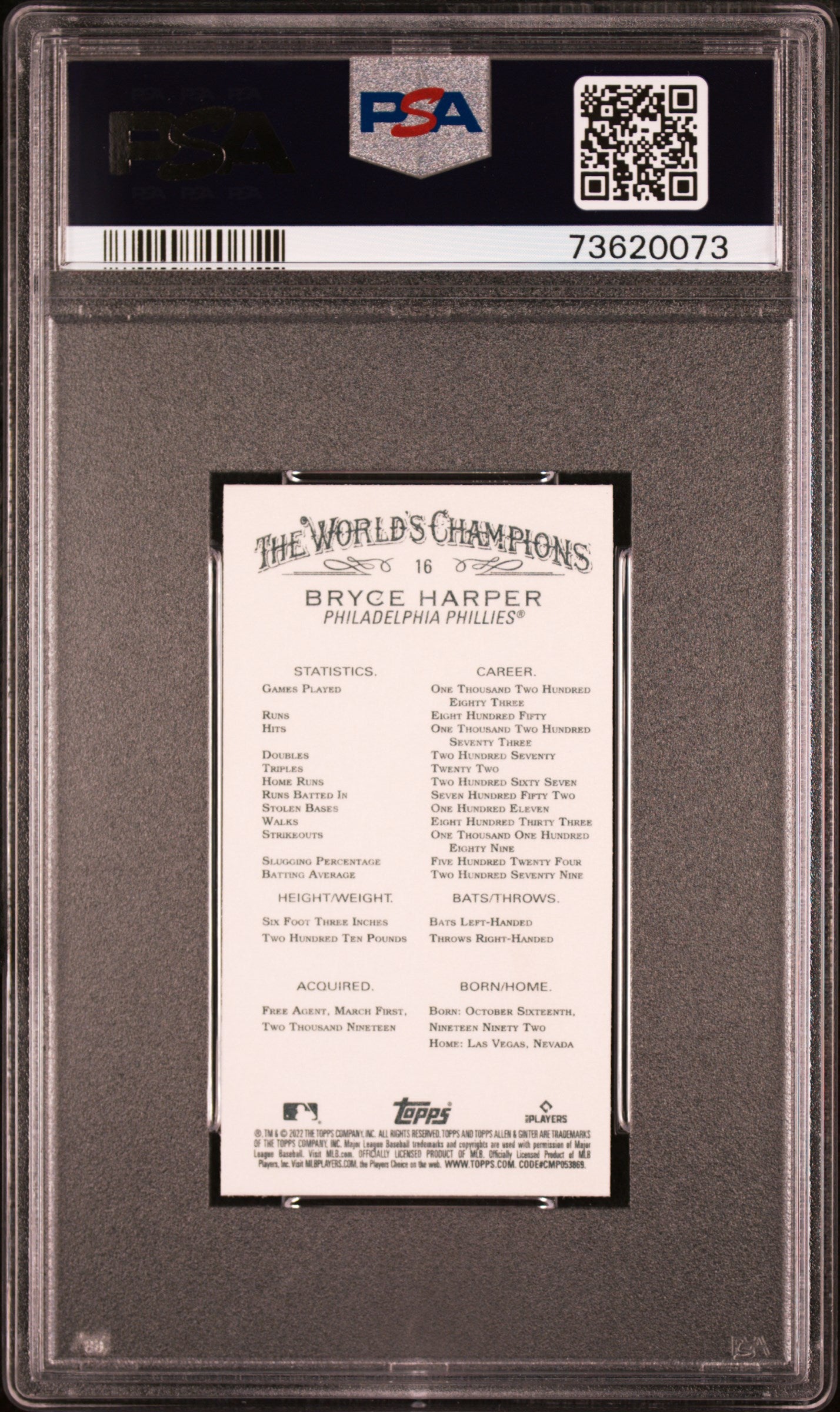 Graded 2022 Topps Allen & Ginter Bryce Harper #16 Mini Baseball Card PSA 10 Gem Mint