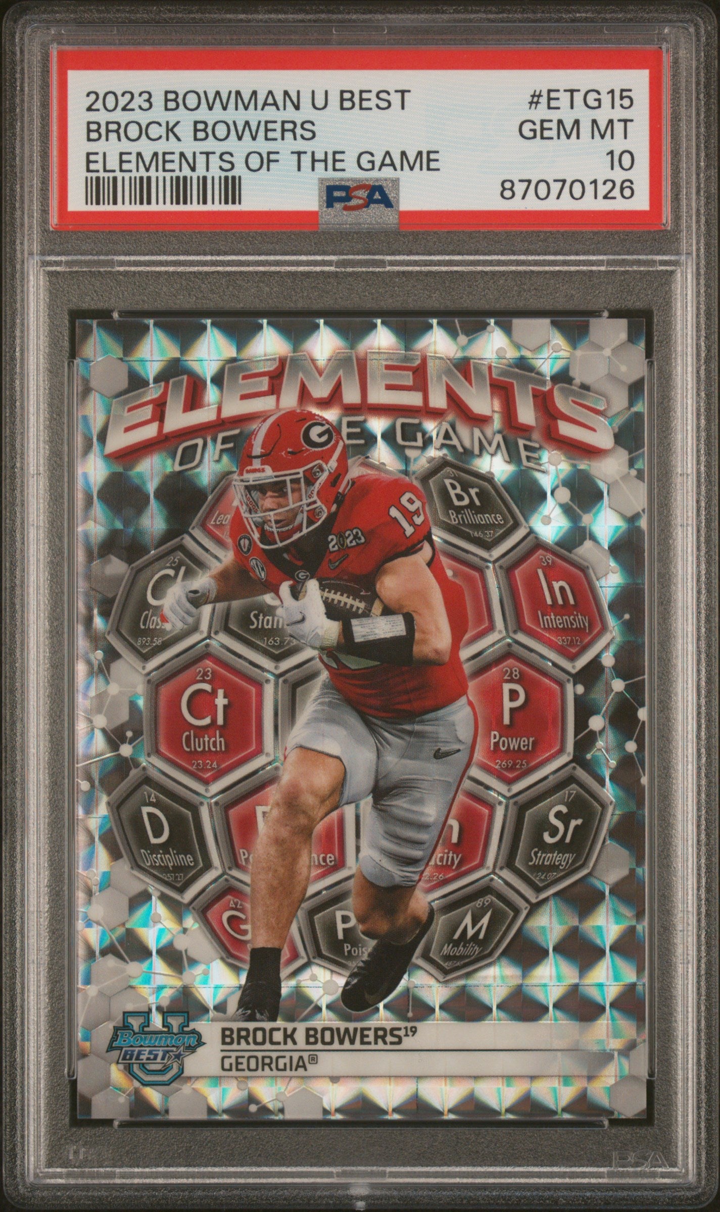 Graded 2023 Topps Bowman U Best Brock Bowers #ETG15 Elements of the Game Rookie RC Football Card PSA 10 Gem Mint