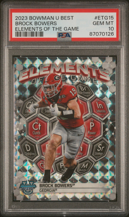 Graded 2023 Topps Bowman U Best Brock Bowers #ETG15 Elements of the Game Rookie RC Football Card PSA 10 Gem Mint
