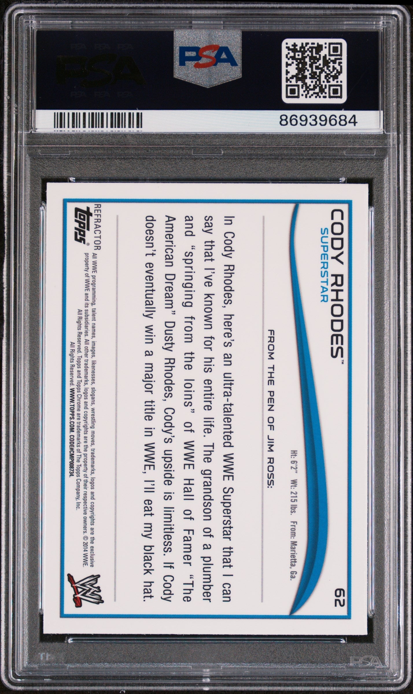 Graded 2014 Topps Chrome WWE Cody Rhodes #62 Atomic Refractor Card PSA 10 Gem Mint