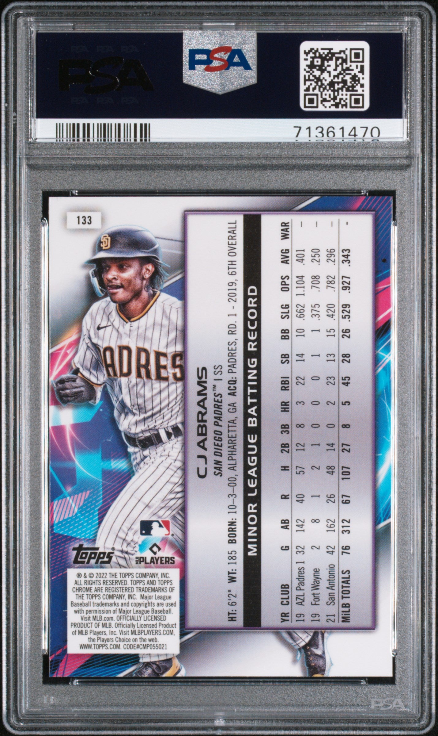 Graded 2022 Topps Cosmic Chrome CJ Abrams #133 Rookie RC Baseball Card PSA 10 Gem Mint
