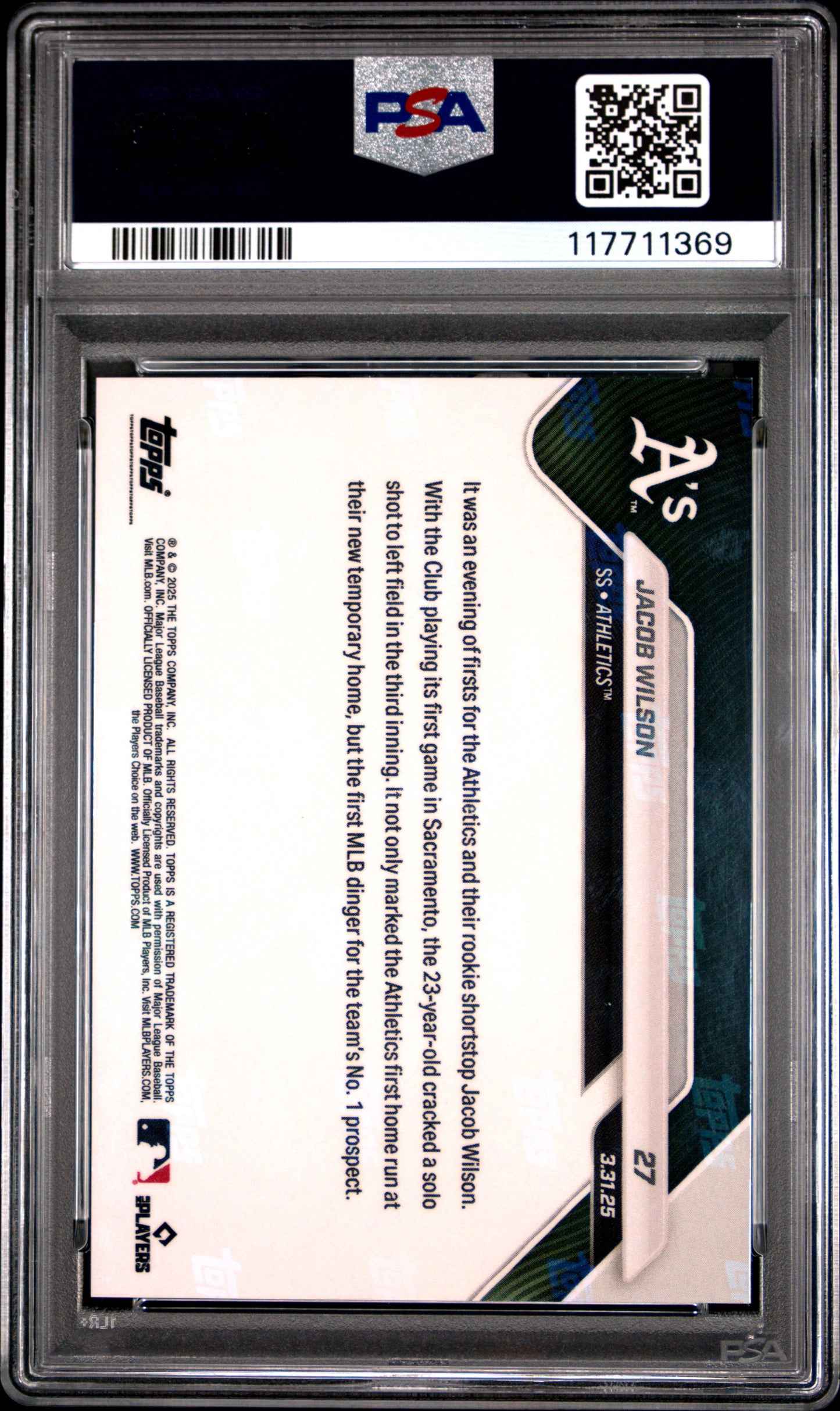 Graded 2025 Topps Now Jacob Wilson #27 Orange Foil /25 Rookie RC Baseball Card PSA 9 Mint