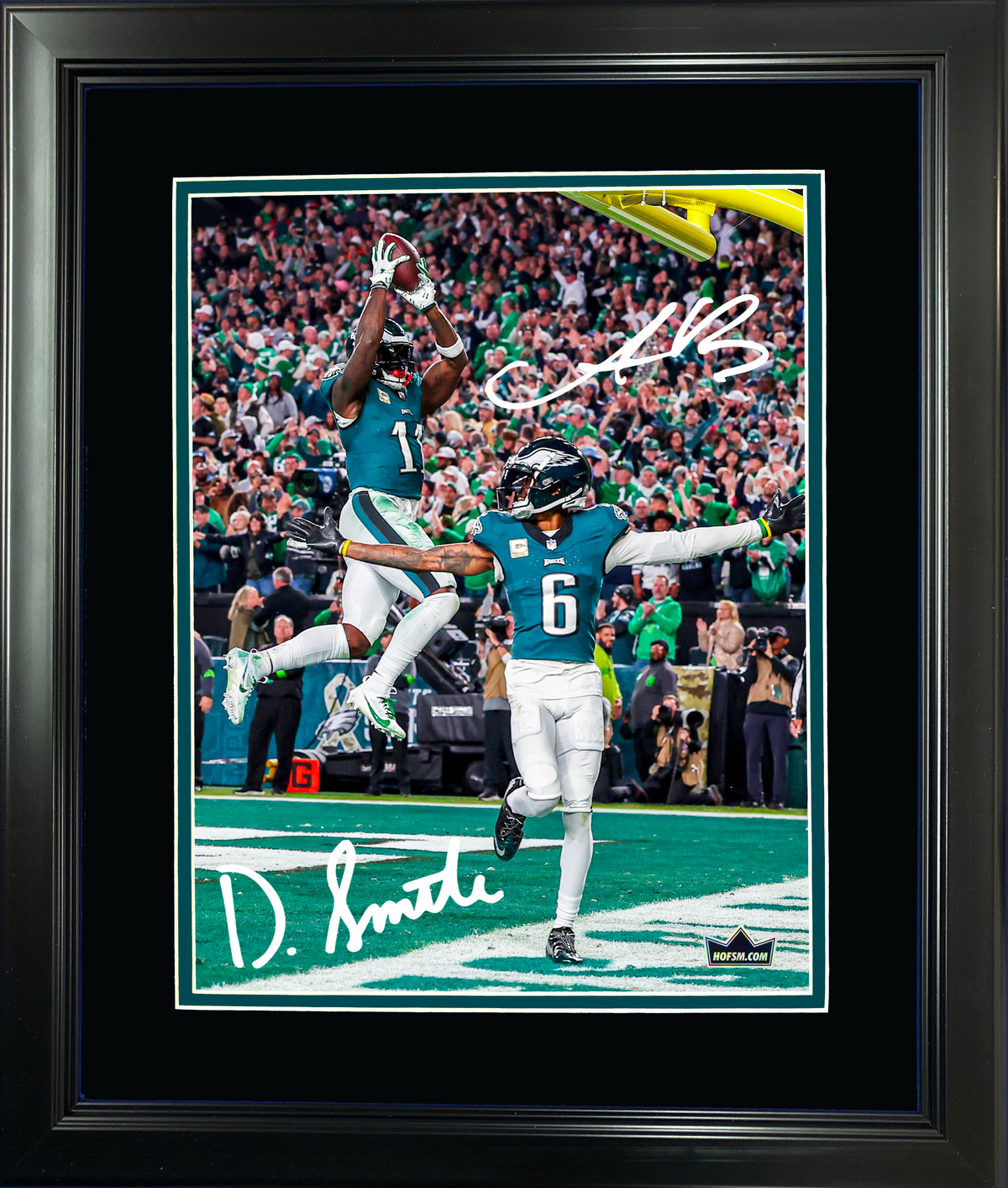 Framed A.J. Brown & Devonta Smith Philadelphia Eagles Dual Facsimile Laser Engraved Signature Auto 11"x14"Football Photo HOFSM Holo