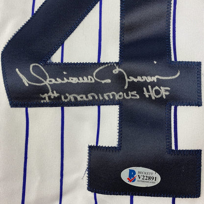 Framed Autographed/Signed Mariano Rivera 35x39 1st Unanimous HOF New York Pinstripe Baseball Jersey Beckett BAS COA
