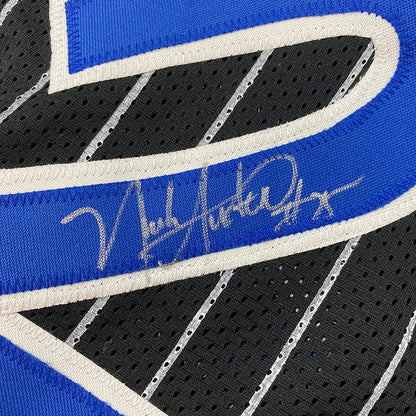 Framed Autographed/Signed Nick Anderson 35x39 Orlando Black Pinstripe Basketball Jersey PSA/DNA COA