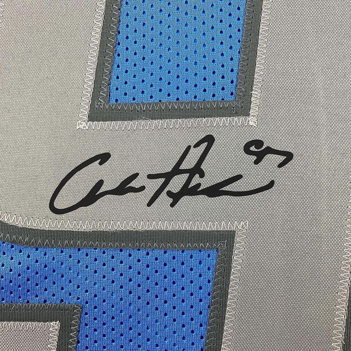Framed Facsimile Autographed Aidan Hutchinson 35x39 Detroit Blue Reprint Laser Auto Football Jersey