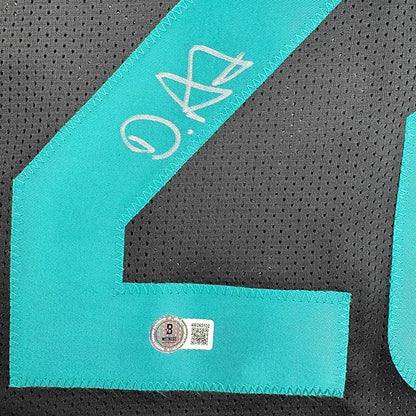 Framed Autographed/Signed De'Von DeVon Achane 35x39 Miami Black Football Jersey Beckett BAS COA
