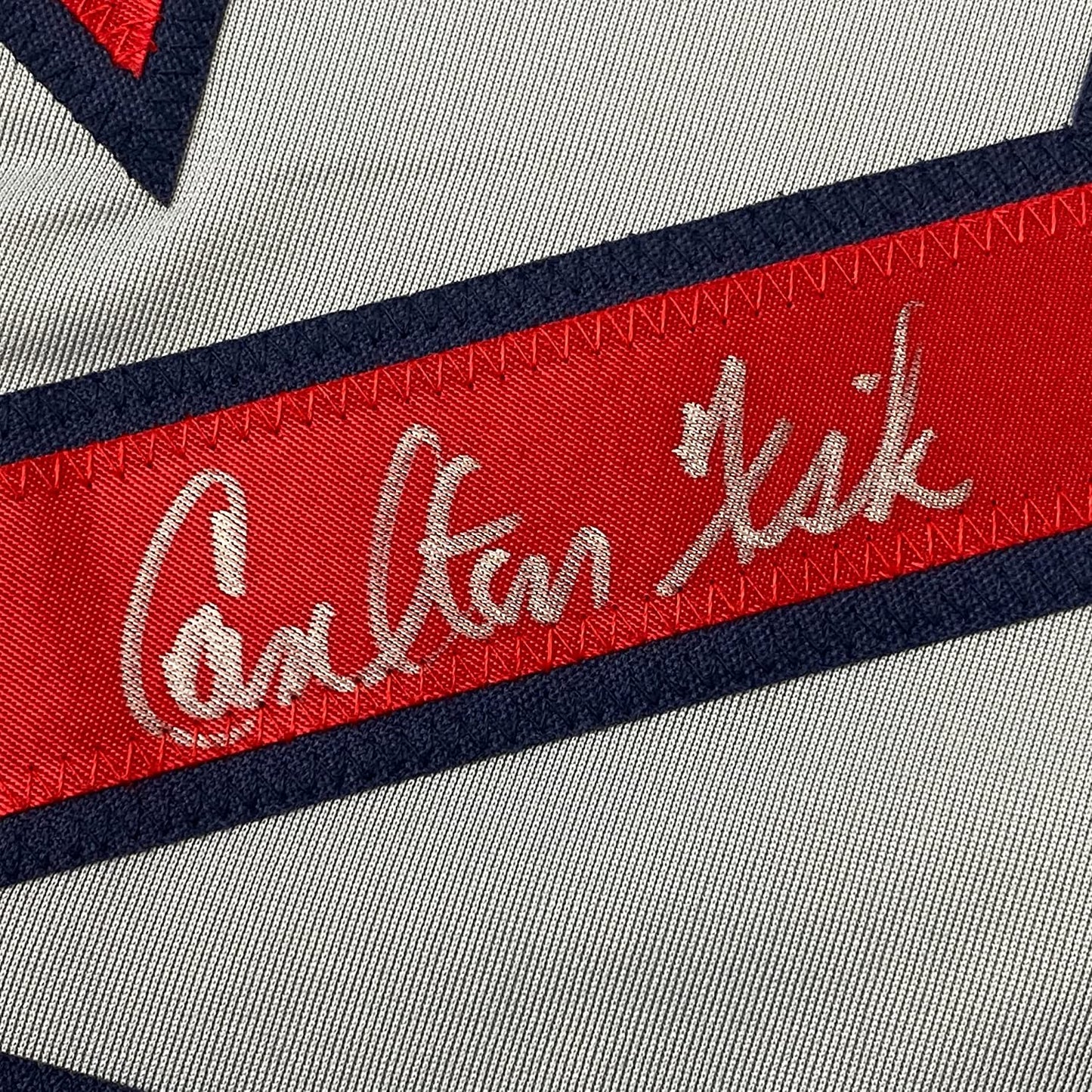 Framed Autographed/Signed Carlton Fisk 35x39 Boston Grey Baseball Jersey JSA COA