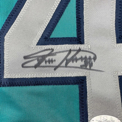 Framed Autographed/Signed Felix Hernandez 35x39 Seattle Teal Baseball Jersey JSA COA