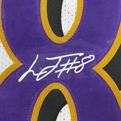 Framed Facsimile Autographed Lamar Jackson 35x39 Baltimore White Reprint Laser Auto Football Jersey Size Men's XL