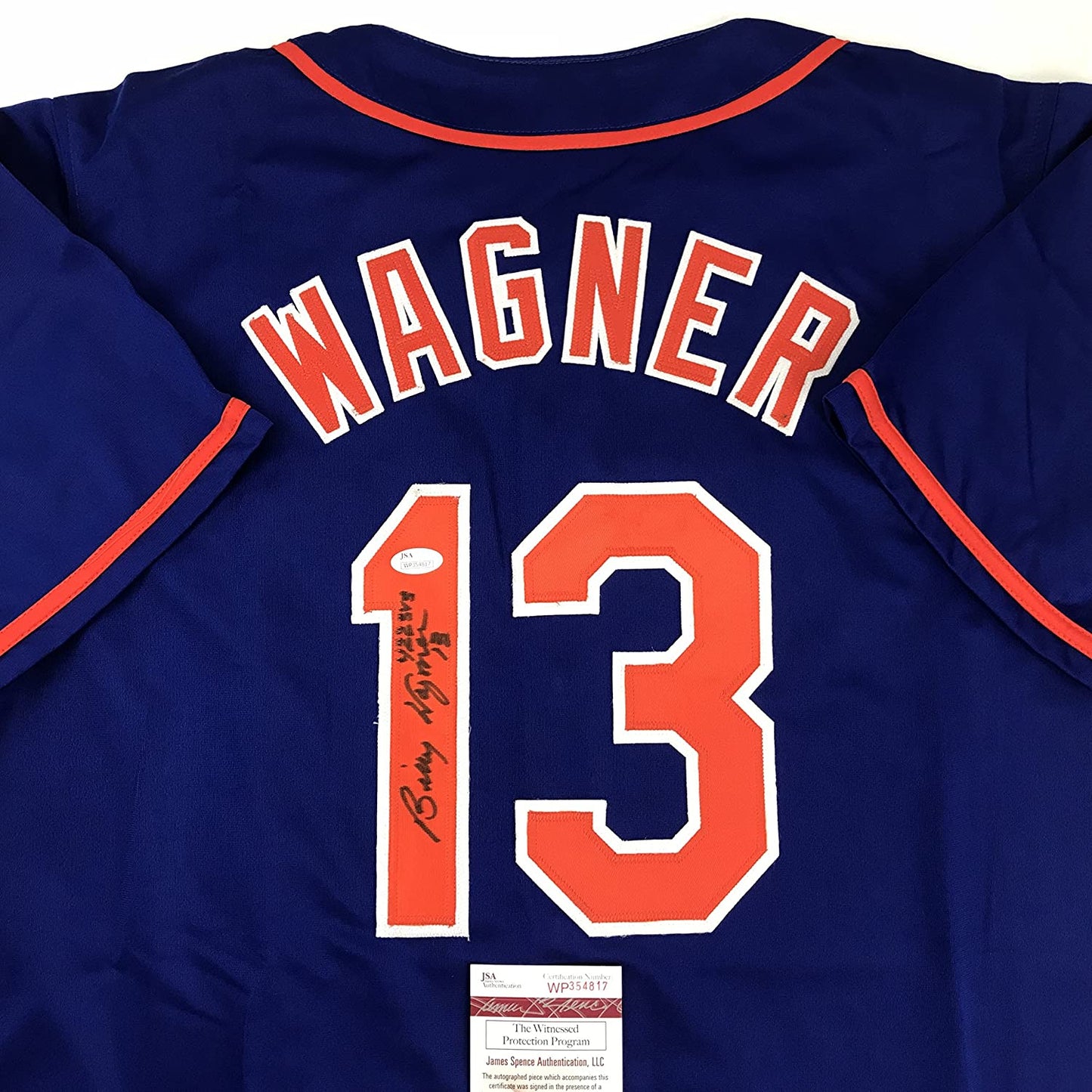 Autographed/Signed Billy Wagner"422 Saves" New York Blue Baseball Jersey JSA COA