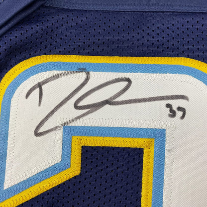 Framed Autographed/Signed Derwin James 35x39 Los Angeles LA Dark Blue Football Jersey Beckett BAS COA